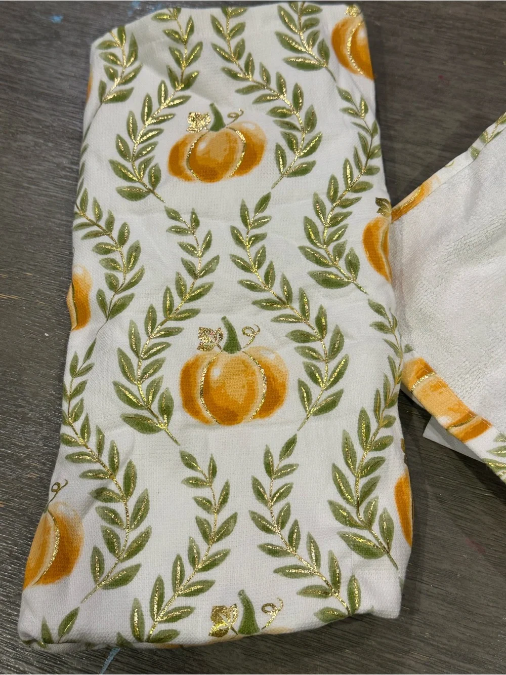 White Pumpkin Print Kitchen Towel with Gold Accents